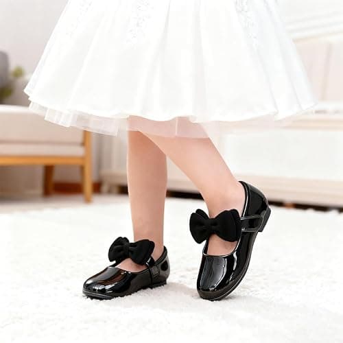 Pxmzizz Toddler Girl Black Dress Shoes Mary Jane Flower Girl Flats for Wedding & Party, Soft Insole, Non-Slip, Easy On & Off Dress Shoes for Little Girls,Black,11.5 - Thumbnail 3