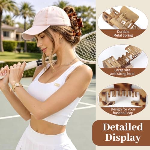 4 Pack Large Hair Clips for Women, 4.1 Inch Hat Claw Clips for Thick & Thin Hair, 2-in-1 Cute Hair Claw Clips Jaw Clips for Daily Use, Baseball Cap & Trucker Hat, Tortoise Shell (Patent Pending) - Thumbnail 2