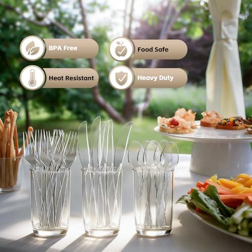 [300 Count] Clear Plastic Silverware Set, Heat Resistant Heavy Duty Plastic Utensils 120 Spoons & 120 Forks & 60 Knives, BPA-Free, Disposable Cutlery Set for Party Supply - Thumbnail 4