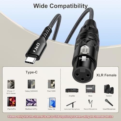J&D USB C to XLR Microphone Cable, 2 in 1 Audio Cord with Switch Button, Supports Audio Recording and Playback, Compatible with iPhone 15 Series, XLR Female Connector, 6.6 feet - Thumbnail 3
