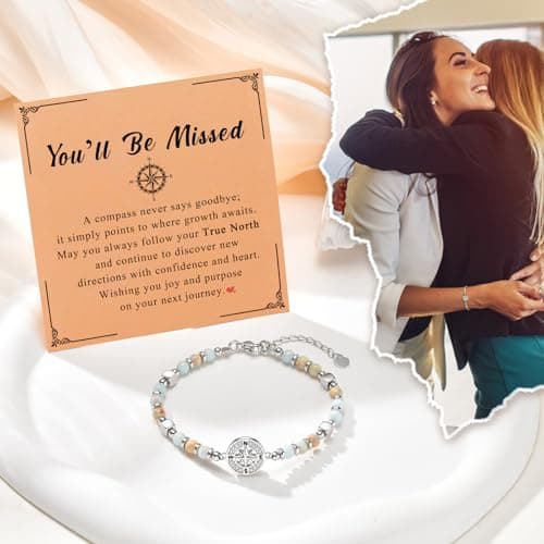 Retirement Bracelet Gift for Her -Natural Stone Compass Beaded Bracelet for Women, Dainty Stack Bracelet Trendy for Travel/ Going-Away/ Retirement Farewell for Coworkers, Friends,Teachers, Employees - Thumbnail 3