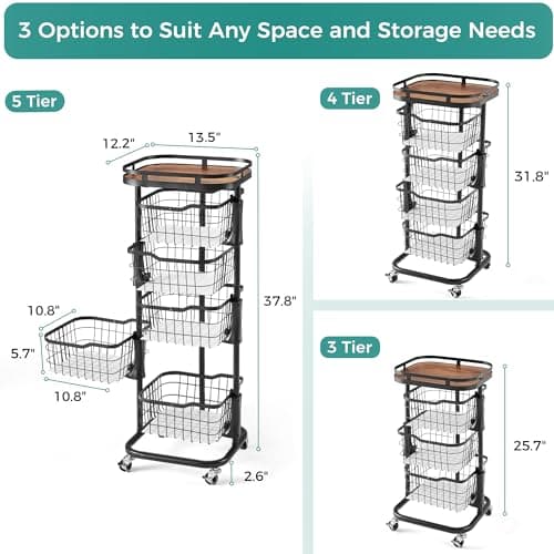 Ocyfym 5 Tier Kitchen Fruit Vegetable Storage Cart with One-Piece Rotating Basket, Pantry Organizer Shelf Rack Floor Stand for Veggie Onion Potato Produce Spice, Rolling Snack Cart on Wheels, Black - Thumbnail 6