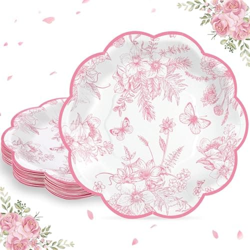 NatNarr 30 Pcs Pink Floral Paper Plates, 7 inch Tea Party Plates Vintage Flower Toile Mothers Day Plate Pink and White Dessert Plate Disposable for Baby Bridal Shower Mother's Day Birthday - Image 1