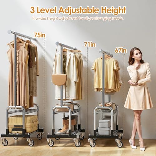 Luxspire Heavy Duty Clothes Rack, Clothing Rack Load 600 LBS, Rolling Clothes Racks for Hanging Clothes with Sturdy Wheels & 2 Tier Shelves, Adjustable Garment Rack for Bedroom, Laundry Room, Silver - Thumbnail 4