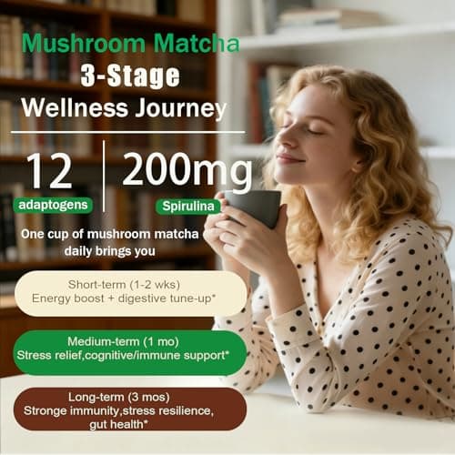 Mushroom Matcha with 12 Mushrooms with Lion's Mane, Chaga and Probiotics, Ceremonial Grade Matcha Powder for Focus, Digestion & Immunity - 30 Servings - Thumbnail 5