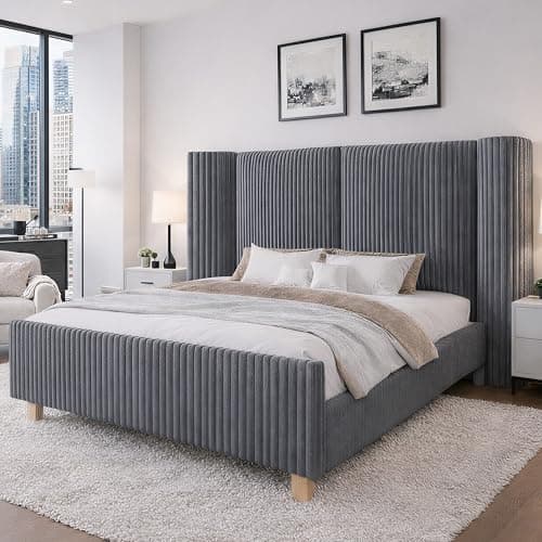 HOMiGroPa Full Upholstered Bed Frame with 51" Tall Headboard & Widened Corduroy Cushion,Modern Wingback Cloud BedFrame Platform, Easy Assembly, No Box Spring Needed, Grey - Image 1