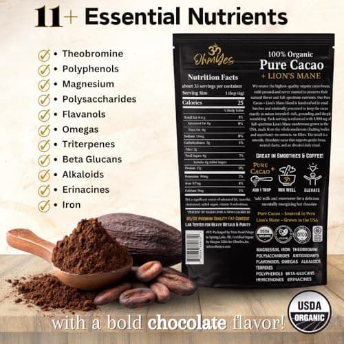 OhmYes Lions Mane Mushroom Cacao | Raw Organic Natural Chocolate Powder Drink Mix | Plant-Based Energy and Cognitive Support | Sugar-Free Flavanol Superfood | 33 Servings - Thumbnail 2