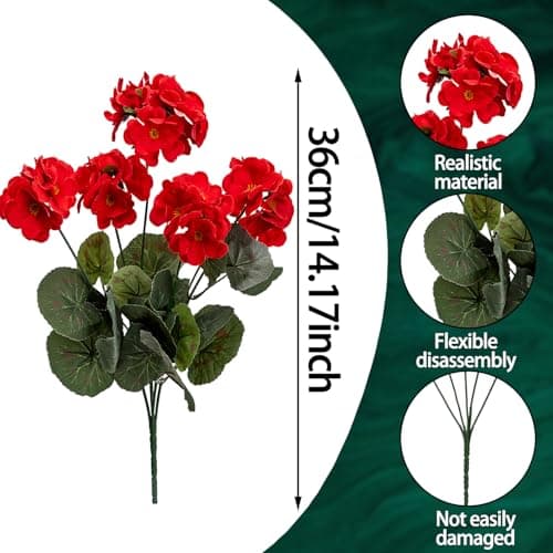 BSMYBO 6PCS Artificial Geraniums Outdoor Flowers, Faux Red Geraniums Artificial Flowers Plants Outdoor UV Resistant Plants, Realistic Silk Flowers for Cemetery, Front Porch Decor, Table Centerpiece - Thumbnail 6