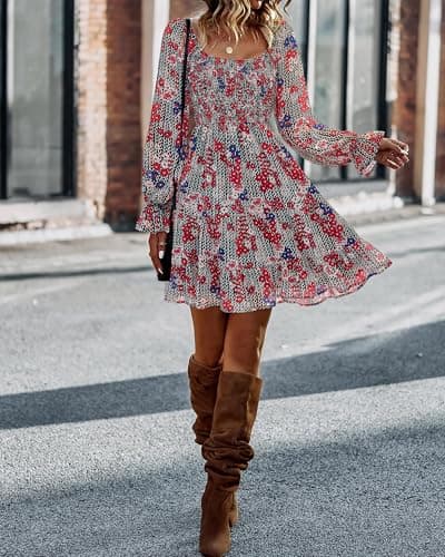 BTFBM Womens Long Sleeve Dress Summer Vacation Square Neck Smocked Floral Mini Boho Fall Wedding Guest Dresses 2026(Print Flower Red, Large) - Thumbnail 6