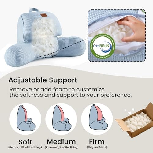 Amélie Home Premium Cooling Waffle Reading Pillow, Qmax>0.37 Ergonomic Backrest Support with Pocket & Handle, Breathable Lounging Pillow for Bed Sofa Floor Summer, 17 Inches, Sky Blue - Thumbnail 4