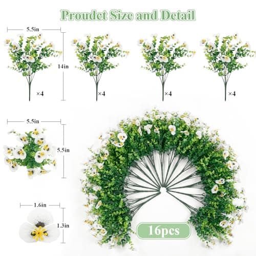 U'Artlines Artificial Flowers for Outdoors, 16 Bundles Fake Flowers Realistic Pansies Plants with Eucalyptus, UV Resistant Silk Flower for Outside Planter Porch Garden Patio - Thumbnail 4
