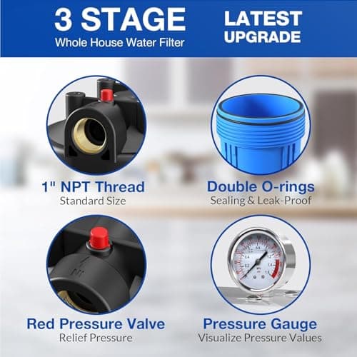 SimPure Whole House Water Filter System, 3 Stages Clear Home Water Pre-Filtration with Carbon Sediment and KDF Filters, Reduce Iron, Chlorine, Manganese...(DB20P-3KDF) - Thumbnail 4