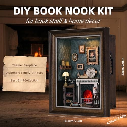 Book Nook Kit - 3D Wooden Puzzle with LED Switch Control & Wall-Mountable Frame,DIY Miniature House for Beginners,Bookshelf/Tabletop/Wall Decor for Craft Lovers,Dollhouse Gift,Fireplace - Thumbnail 5
