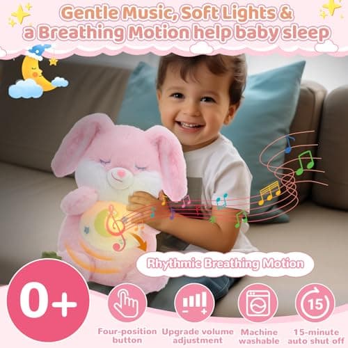 Breathing Stuffed Animal, Soothe Snuggle Pink Easter Bunny Stuffed Animal for Anxiety Adults and Kids, Volume Control Soothing Bunny Plush with Realistic Breathing and Lights, Easter Basket Stuffers - Thumbnail 3