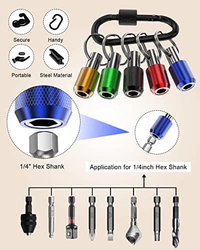 Tool Gifts, Upgrade, Steel Material, Katerk 5PCS 1/4 Inch Hex Shank Screwdriver Bits Holder Extension Bar Screw Adapter Drill Handy Heavyduty Keychain Bit Holder for Electric Screwdrivers, 5 Colors - Thumbnail 2
