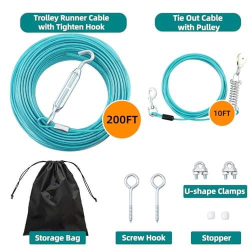 LUFFWELL 200FT Dog Runner for Yard with 10FT Tie Out Cable - Heavy Duty Trolley System for Large Dogs Up to 250LBS, Backyard/Park/Camping Use (Ice Blue, 200FT+10FT) - Thumbnail 2