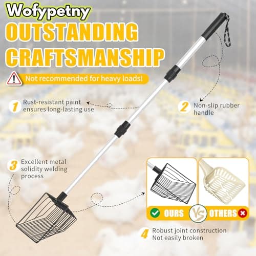 Chicken Poop Scooper & Rake, 3 in 1 Chicken Coop Scoop 23" to 42" Adjustable, Durable Metal Sifting Litter Shovel, Chicken Coop Accessories for Chickens Coop, Small Farm Animals, Cat Litter - Thumbnail 2