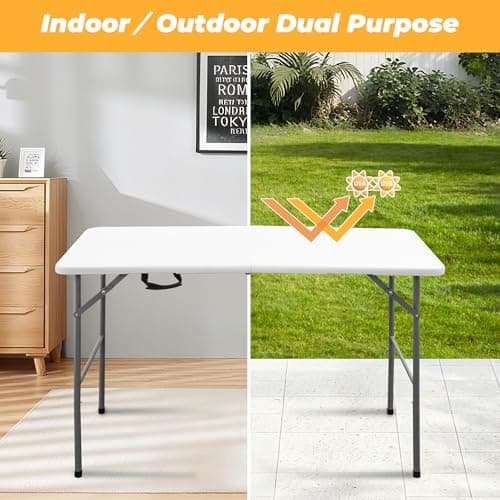 Outspurge 4ft Portable Folding Table, Indoor Outdoor Plastic Dining Table w/Handle, Fold-in-Half Utility Foldable Table for Camping, Picnic and Party, White - Thumbnail 3