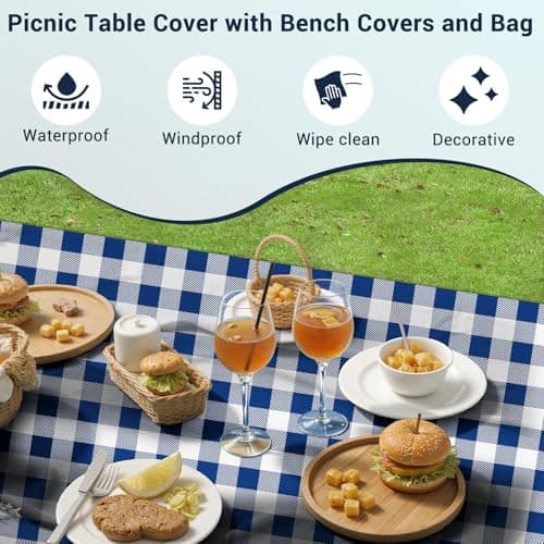 Loiyadn Picnic Table Cover with Bench Covers - Camping Essentials Camping Table Cover Waterproof Windproof with Elastic Edges & Drawstring Bag, Fitted Rectangle Tables and Seat Covers, 30x72 Inches - Thumbnail 6