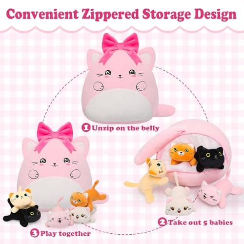 Cat with 5 babies Stuffed Animals - 15 Inch Cats Mommy with Small Babies Plush Inside 6-Piece Cute Realistic Cat Plushies Machine Wash Interactive Adopt Toy Toddler Girls Boys 0-8 Kids Birthdays Gift - Thumbnail 5