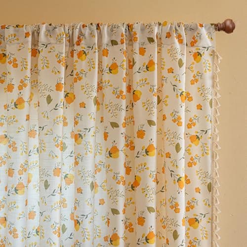 OYX Floral Boho Curtains 2 Panels Short 96 Inch Curtains Patterned Semi Sheer Living Room Drapes Farmhouse Boho Window Curtain Panels with Tassel Beige Rod Pocket Bedroom Drapes - Image 1