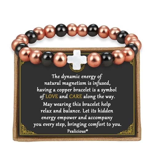 PEALICIOUS Copper Bracelet for Women and Men, 8MM Cross Copper Magnetic Bracelets with 3500 Gauss Magnetic Bead as Christian Jewelry for Mom, Cooper Hematite Jewelry as Mother Day Gift for Parents - Image 1