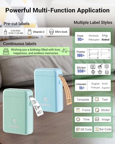 ORGBRO Label Maker Machine with Tape, X1 Portable Bluetooth Mini Label Printer, Support Pre-Cut & Continuous Label, Wireless Small Label Makers with Versatile App for School Home Office Organization - Thumbnail 2