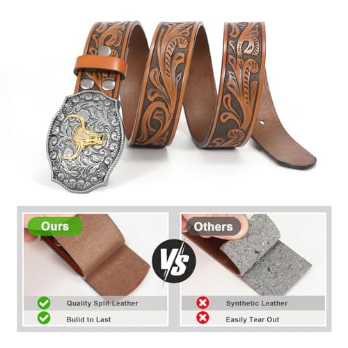 SANSTHS Mens Cowboy Belt Western Bull Buckle Belt for Men Womens Floral Embossed Leather Belts for Jeans, Brown - Thumbnail 3