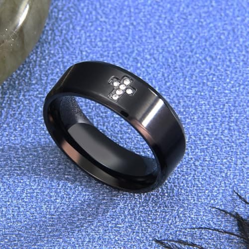 SYDNFZY Mens Wedding Band Ring - 8mm Stainless Steel Engagement Promise Rings for Men Women, Cross Classic Ring with Princess Cut Cubic Zirconia for Men Jewelry Gift Ring Size 6 7 8 9 10 11 (Black, 7) - Thumbnail 3