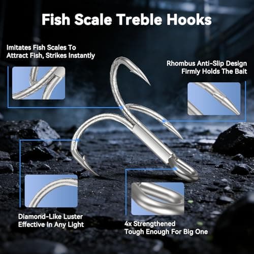Diamond Treble Hooks 4X Strong Fishing Hooks,Fish Scale Pattern Triple Hooks Sharp Barbed/High Carbon Steel/Round Bend for Lures Freshwater Saltwater Sizes #6 - Thumbnail 2
