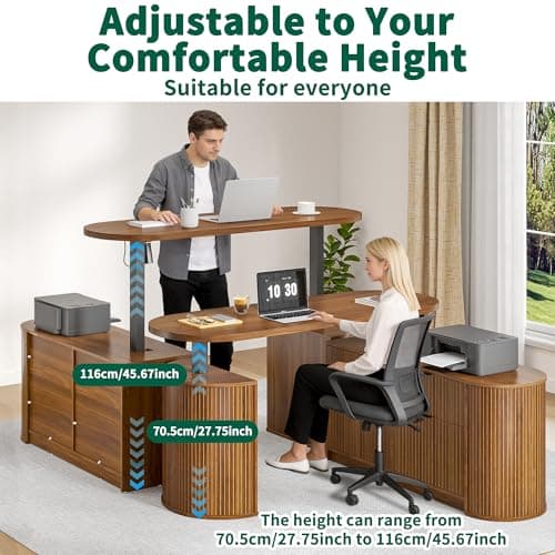 Mid Century Modern Electric L Shaped Standing Desk, 59 x 47 Inch Corner Sit Stand Up Desk with File Drawer, 2 Cabinet, Wooden Adjustable Height Computer Executive Desk for Home Office, Walnut - Thumbnail 3