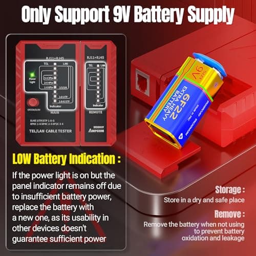 AMPCOM Network Cable Tester RJ45 for LAN & TEL Continuity of RJ45/11/12 CAT5E CAT6 CAT7 UTP & STP Shielded Ethernet Wires Test Tool - W/Carrying Bag - Red - Thumbnail 3
