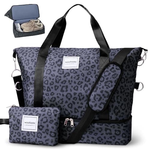 WOOMADA Weekender Bag for Women, Travel Duffel with Shoe Compartment & Wet Pocket, Personal Item & Overnight Bag for Airlines, Sport Gym Tote (Black Leopard) - Image 1