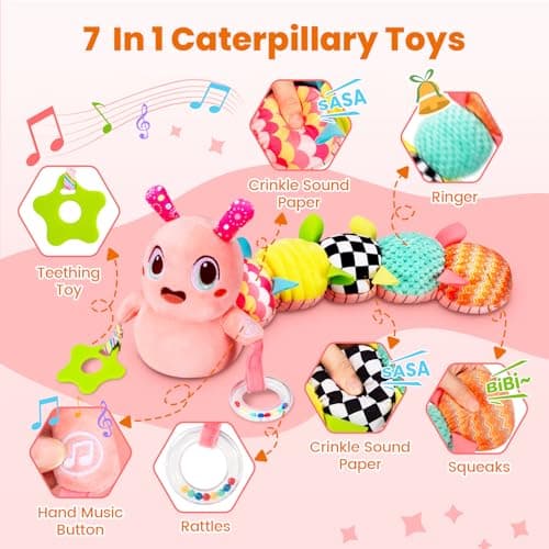 Baby Toys 0-6 Months, Washable Baby Musical Caterpillar Toys with 10 Kid's Songs,Rattles,BabyTeething Toys,Suitable for 0-6, 6-12 Months Infant Tummy Time Toy,Newborn Baby Boy&Gril Gifts(Pink) - Thumbnail 6
