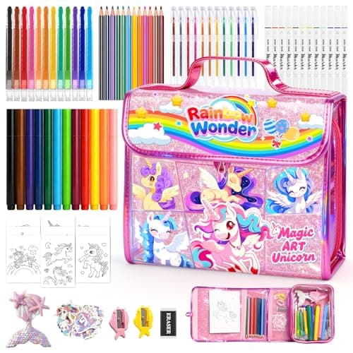 homicozy 106PCS Scented Washable Markers Set,Arts and Crafts Kit for Girls Ages 4-6-8-10,Travel Coloring Drawing Art Supplies with Unicorn Glitter Pencil Case,Ideal Birthday Gift for Kids