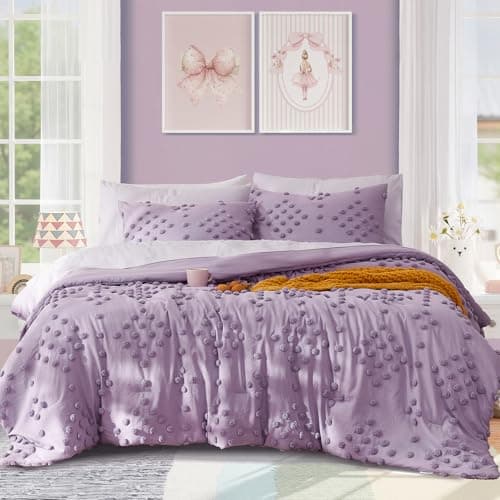 Geniospin Purple Full Comforter Set for Girls- 7 Pieces Pom Tufted Bed in A Bag Full Bedding Sets with Sheets, Pillowcases & Shams, All Season Kids Comforter Set - Image 1