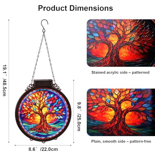Hoikwo 8.6" Suncatcher Tree of Life, Solar Powered Sun Catcher Stained Acrylic Plastic Lightweight Window Decor, for Porch Courtyard Garden Mother's Day Birthday Gift for Mom Her Housewarming - Thumbnail 2