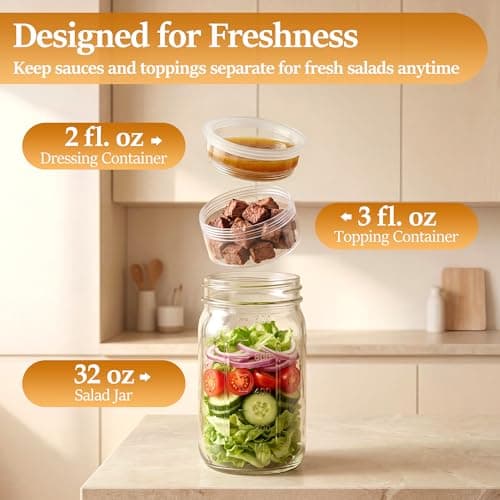 Xelyra Glass Salad Jar 4 Pack 32oz with Lids for Meal Prep, Salad Container for Lunch, Jars with Dressing Cup, Mason Container, Meal Prep Jars - Thumbnail 4