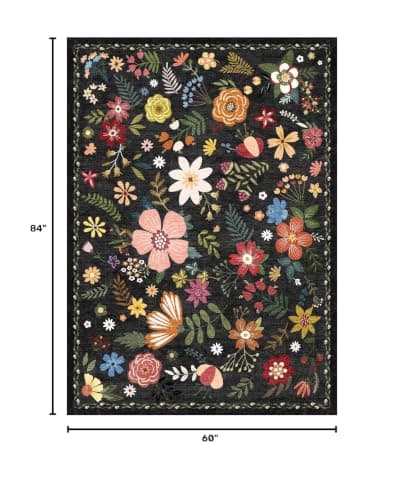 Washable Area Rugs, Floral Rug, Large Carpet for Living Room Bedroom,5'x 7',Black - Thumbnail 2