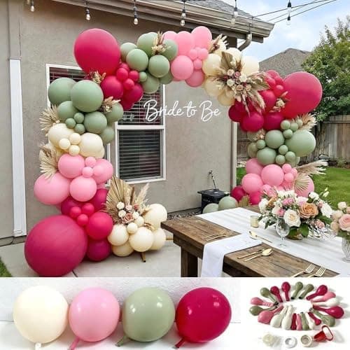 Hot Pink and Sage Green Balloon Garland Arch Kit, Double Stuffed Dusty Green Magenta & Ivory Balloon for Baby Shower, Garden Bridal Wedding, Floral Birthday, Boho Tea, Graduation,Tropical Party - Thumbnail 3