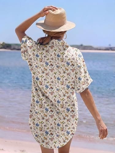 Magritta Womens Plus Size Oversized Short Dress Shirt Dress for Curvy Women Chic Lightweight Breathable Loose Ditsy Floral Beach Dress for Beach Vacation 3XL - Thumbnail 3