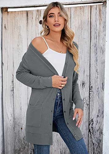 Heymoments Women's Long Sleeve Open Front Cardigan Dark Grey X-Large Button Down Ladies Loose Ribbed 2026 Fall Winter Lightweight Knit Outerwear Coat with Pocket - Thumbnail 2