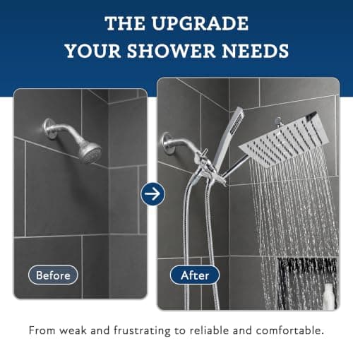 G-Promise All Metal 8 Inch Dual Square Shower Head with Handheld Spray Combo, Rain Shower Head, Adjustable Extension Arm, Smooth 3-Way Diverter, 71 Inch Extra Long Hose - A Bathroom Upgrade (Chrome) - Thumbnail 6