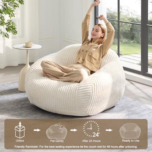HUGHEAVEN Large Bean Bag Chairs for Adults, Adult Bean Bag Chair with Back Support, Reading Chair for Bedroom, Beige - Thumbnail 6
