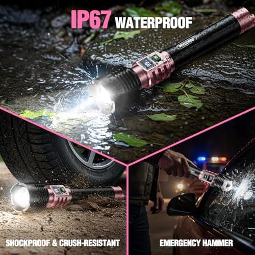 WdtPro Rechargeable LED Flashlights High Lumens, Super Bright 90000LM Rechargeable Flashlight with LCD Display, 5 Modes & Waterproof Powerful 10000mAh Handheld Flashlight for Camping Emergency Pink - Thumbnail 4
