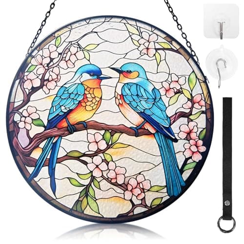BYONIQUE Eastern Bluebird Stained Glass Suncatcher for Windows, 7.9-Inch Bird Decor with Cherry Blossoms, Bluebird Sun Catcher Gift for Bird Lovers, Symbol of Happiness and Good Luck - Image 1
