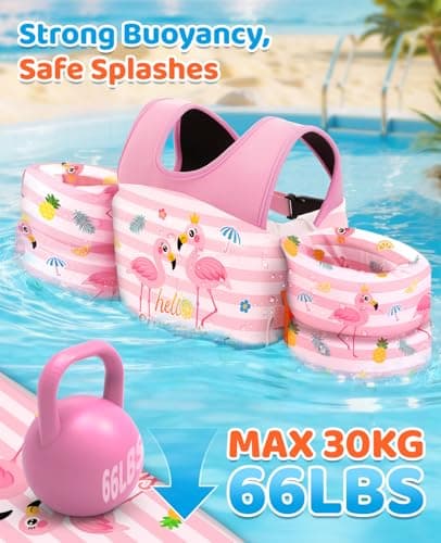 HeySplash Swim Vest for Kids, Toddler Pool Floaties Fit 33-66 Lbs, Children Swimming Vest with Adjustable Strap, Swim Jacket Water Wing Arm Float, Puddle Beach Boat Jumper Boy, White Pink Flamingo - Thumbnail 3