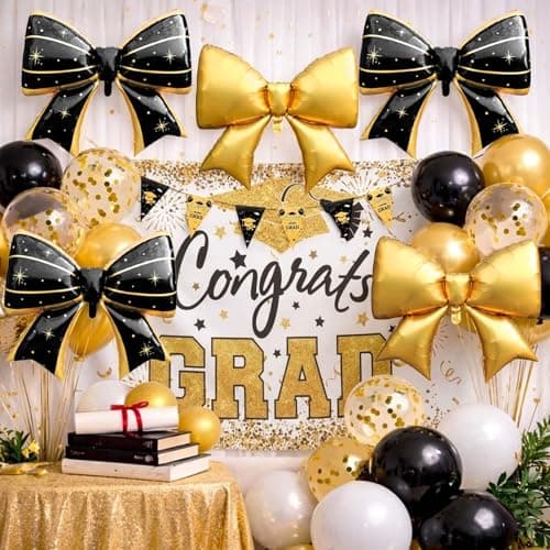 38Pcs Graduation Decorations 2026 Set - Congrats Grad Banner, Graduation Balloons, Backdrop, 6 Giant Bow Foil Balloons Class of 2026 Decorations Party Supplies for High School & College Black and Gold - Thumbnail 4
