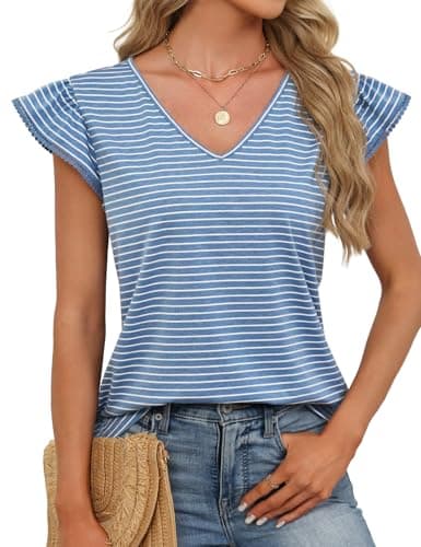 JUSTFASHIONNOW Womens Summer Ruffle Flutter Sleeve V Neck Tops, Soft Casual Striped Versatile Dressy Blouses(Blue Stripe Large) - Thumbnail 3