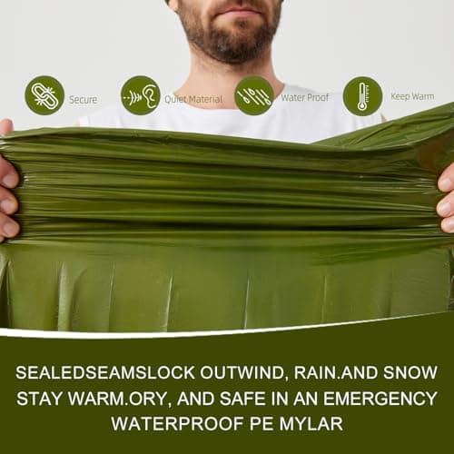 IVYWNT Emergency Sleeping Bag & LED Beanie Hat Set, Waterproof Thermal Mylar Bivy Sack, Portable Survival Gear for Hiking, Camping, Bug-Out Bags & Emergency Kits, Green - Thumbnail 6